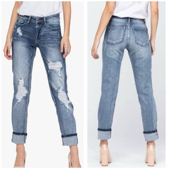 Judy Blue Bleach Splatter Destroyed Boyfriend Jean 24W NWT JB82169LT - Picture 1 of 13